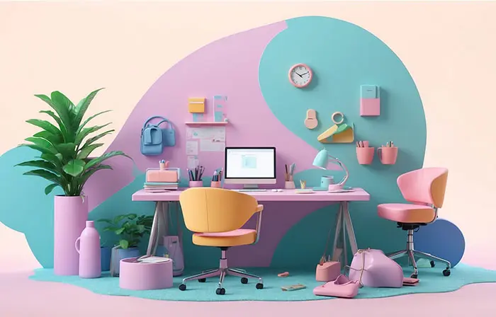 Stylish Workspace with Computer 3D Design Art Illustration